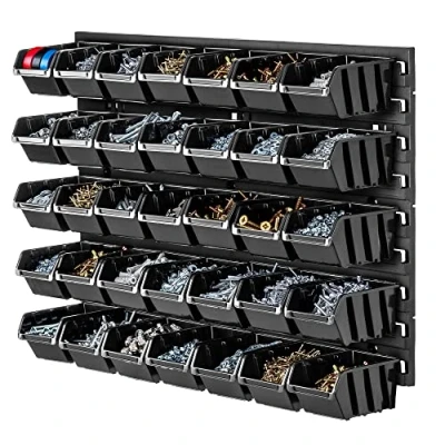 Afbeelding van KADAX werkplaatswandrek, 58 x 39 cm, robuuste kunststof, UV bestendig opbergsysteem, uitbreidbare wandplaten, garage, zwart, 35 stuks