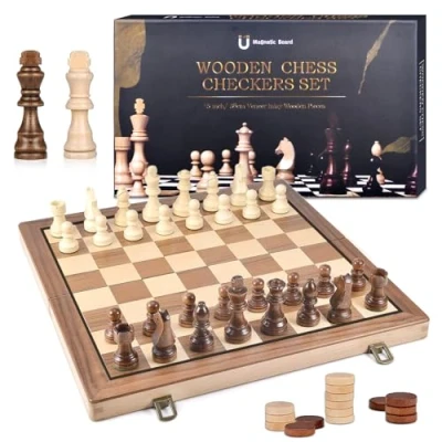 Afbeelding van DYDHRER 2 in 1 schaakspel van hoogwaardig hout, draagbaar, opvouwbaar, reisschaakspel voor kinderen, magnetisch, familiefeest, 39 x cm