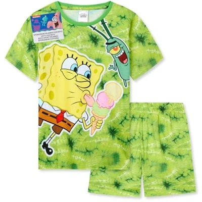 Afbeelding van SPONGEBOB SQUAREPANTS Pyjama voor jongens, set, zomer, zacht, shorts, pyjama, kinderen, jongeren, nachtkleding, lounge, set cadeau Tie Dye Groen