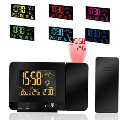Afbeelding van ALLOMN Digitale projectiewekker, binnen en buitentemperatuur, weersvoorspelling, datumweergave 12/24 uur, snooze functie, USB oplaadpoort, 8 kleuren achtergrondverlichting
