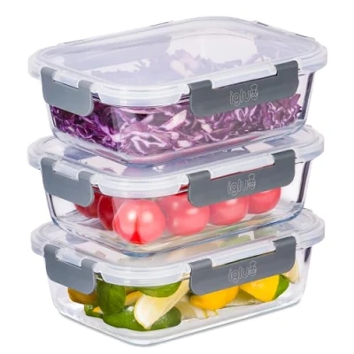 Afbeelding van Igluu Meal Prep Glazen Containers met Lekbestendige Snap Lock Deksels Luchtdichte Portiecontrole Voedselopslag. BPA Vrij, Magnetron, Oven &amp; Vaatwasserbestendig 1050ml (3 Stuks)