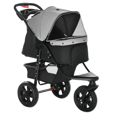 Afbeelding van PawHut Poussette pour chien ou chat pliable à 3 roues Oxford Gris et noir 109,5 x 57,5 106,5 cm
