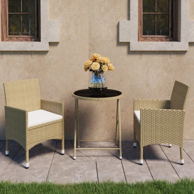 Afbeelding van 3 delige Bistroset poly rattan en gehard glas beige