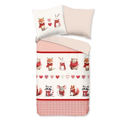 Afbeelding van Dekbedovertrek voor Kinderen 135x200 cm Dieren en Harten Print Rood/Wit 1 Persoons 100% Katoen Flanel