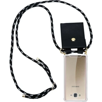 Afbeelding van Cadorabo Hoesje geschikt voor Samsung Galaxy J7 2015 in ZWART ZILVER Silicone Mobiele telefoon ketting beschermhoes met gouden ringen, koordriem en afneembare etui