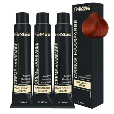 Image de FemMas Lot de 3 teintures pour cheveux, crème professionnelle à l&#039;huile d&#039;argan, kératine, céramides, coloration permanente, résultats couleur et éclatant, durable, blond clair, cuivre 8.44, 100 ml