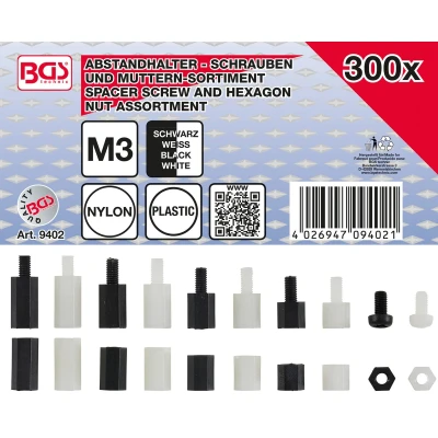 Afbeelding van BGS Afstandhouderschroeven en assortiment zeskantmoeren Nylon 300 delig