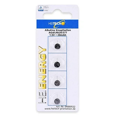 Afbeelding van Heitech 4 stuks AG4 1,5 V alkaline knoopcellen LR66 / L626 LR626 SR66 SR626 SR626SW 177/377 lekvrije en lange levensduur