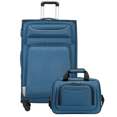 Afbeelding van COOLIFE Trolleykoffer, reiskoffer met 4 wielen, stoffen koffer, handbagage, TSA slot, koffer bevat 1 grote schoudertas, blauw en zilver., Softbox van Oxford stof