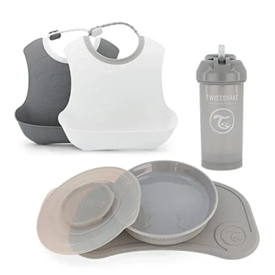 Afbeelding van Twistshake Babyserviesset, 5 delig, 1 x babyplacemat van siliconen, kinderbord, 2 slabbetje, rietje, serviesset voor baby&#039;s, 6 maanden, grijs