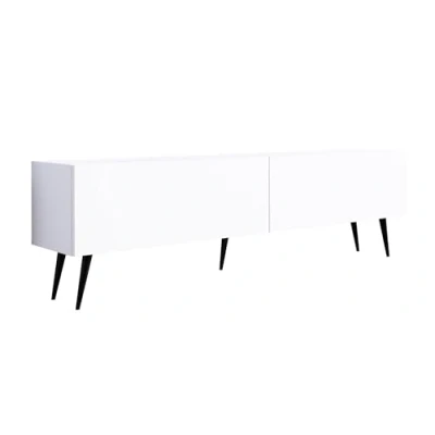 Afbeelding van Meuble TV : deux portes, étagères, Couleur blanc mat, pieds noirs D L 170 cm, H 52 P 32 cm