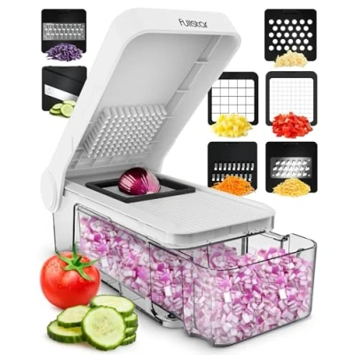 Afbeelding van Multifunctionele groentesnijder en professionele voor keuken groentesnijder, ui, wortel, komkommer, tomaten groente kaassnijder (compact 7 in 1 wit)