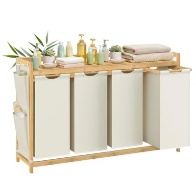 Afbeelding van SONGMICS Wasmand met 4 vakken, bamboe, 200 liter, wasmand, waszak, kleine zijvakken, wasrek, x 50 124,6 33 78 cm, crèmewit RLH120W01