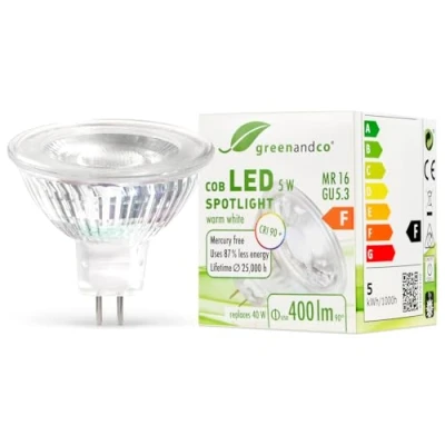 Afbeelding van greenandco® CRI 90+ LED Spot MR16 GU5.3 5W vervangt 40 W, 400 lm, 3000 K, warmwit, COB LED, 38 graden, 12 V AC/DC, niet dimbaar