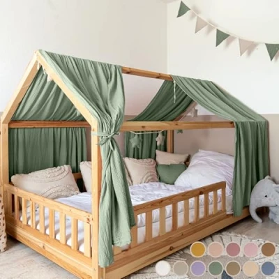 Afbeelding van Lilimaus bedhemel voor thuis, 100% katoen, van chiffon, beddecoratie, cadeau meisjes en jongens, gordijnen kinderbedden 90 x 200 cm 120 cm, baldakijn