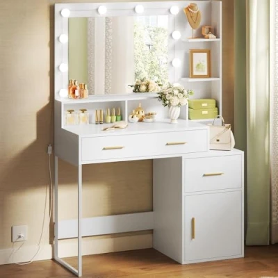 Afbeelding van WOLTU make uptafel met ledlicht en spiegel, 3 laden open planken, 90 x 40 cm, modern slaapkamermeubel grote opbergruimte, wit, van hout, MB6102ws