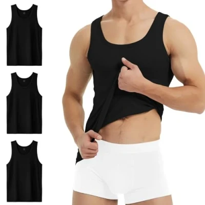 Afbeelding van YouShow tanktops voor heren, 100% katoen, fijne ribben, set van 3/5 stuks, 3 x zwart.
