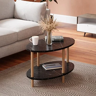 Afbeelding van Salontafel Højreby 43x70x44 cm ovaal marmer zwart houtkleurig