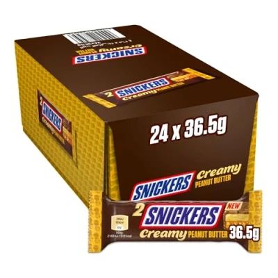 Image de Snickers Beurre de cacahuète crémeuse, chocolat au lait, double barre, 24 x 36,5 g