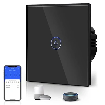 Afbeelding van BSEED Smart WiFi aanraaksensorschakelaar (neutrale lijn nodig) Alexa en Google Home Werken met Tuya voor kantoordecoratie Kristalglasplaat Wandlichtschakelaars 1 Gang Wag Black