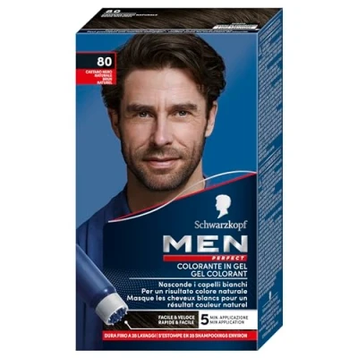 Afbeelding van Schwarzkopf, Men Perfect haarverf, gel, witte haarbedekking voor mannen, natuurlijk effect, houdt tot 28 shampoos, kleur 80 natuurlijke zwarte kastanje