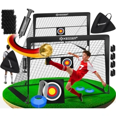 Afbeelding van KESSER® Voetbaldoel voor kinderen, pop up set van 2, opvouwbaar, met glasvezelstangen en hoogwaardige doelnetten binnen, buiten tuin, transporttas, 6 x hoedjes, balpomp, schietschijf