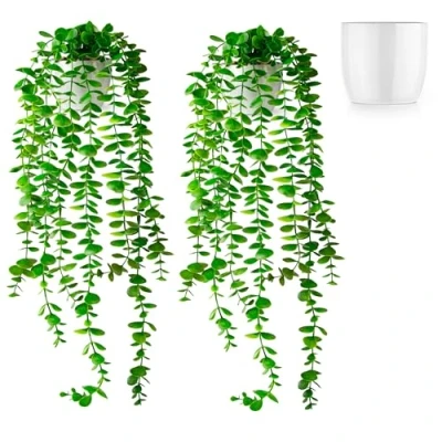 Afbeelding van PASCH® Set van 2 Kunst Eucalyptus (60cm) in witte keramische potten: hangplanten kunstplanten zoals echte hangend kunstplant pot