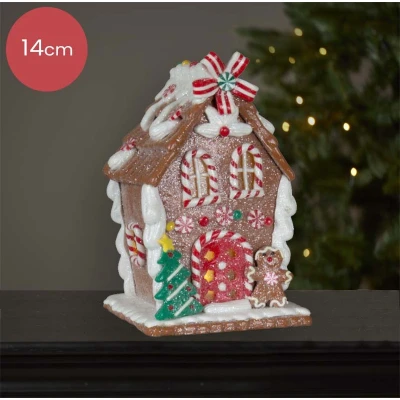 Afbeelding van Bruin Peperkoekhuisje met peperkoekmannetje en kerstboom 14cm