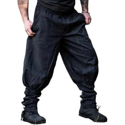 Afbeelding van Leonardo Carbone® Tiago broek met veters voor de benen, middeleeuwse heren, Vikingbroek, kostuum festivaloutfit, LARP, cosplay, lange vrijetijdsbroek, 100%, zwart.