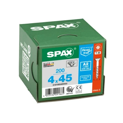 Afbeelding van Spax spaanplaatschroeven platverzonken kop RVS T Star T20 deeldraad 4.0x45mm (per 200 stuks)