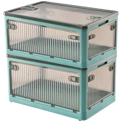 Afbeelding van Creahaus Set van 2 opbergdozen met deksel, stapelbare wielen, opvouwbare opbergdoos vijf deuren, speelgoedopbergcontainer, kast