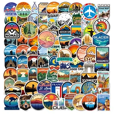 Afbeelding van Kaderas Reisstickers, 100 stuks, vinyl outdoor avonturenstickers, vintage stickers, voor laptop, helm, motorfiets, fiets, koffer