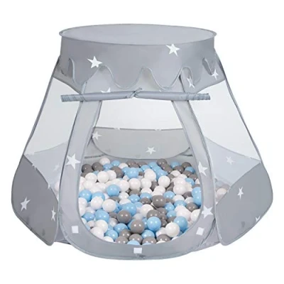 Afbeelding van Selonis Speeltent 105 x 90 cm/300 ballen kasteelhuis verplaatsbare ballenbak met voor kinderen, grijs: grijs/wit/babyblauw