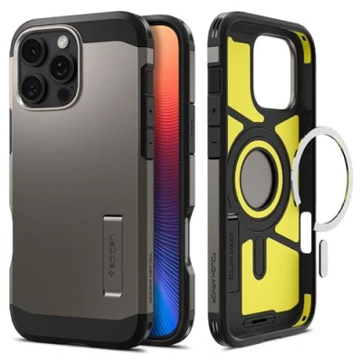 Image de Spigen Tough Armor AI MagFit Coque de protection pour téléphone portable compatibilité avec MagSafe polycarbonate, polyuréthanne thermoplastique (TPU), mousse à impact bronze Apple iPhone 16 Pro