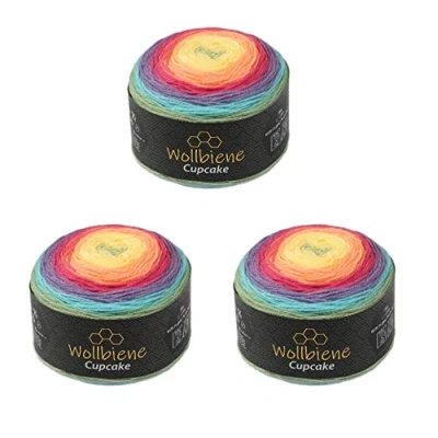 Afbeelding van Wollbiene Cupcake Breiwol, 3 x 150 g, 450 gram per bol, babywol, Turkse wol, kleurverloop (regenboog pastel 2030)