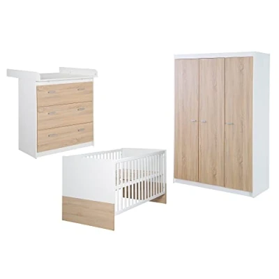 Afbeelding van Complete babykamer Ombouwbed 70x140 cm + Commode 3 deurs kledingkast ROBA Tweekleurig wit/licht eiken decor