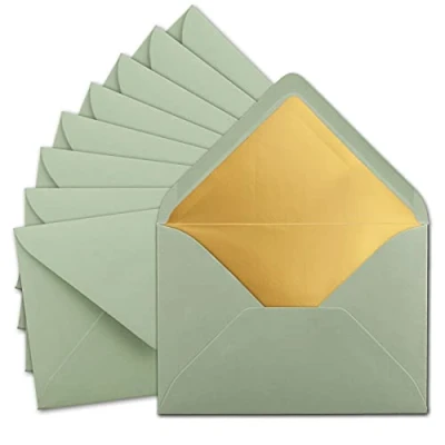 Afbeelding van 50 x enveloppen DIN C5, 15,7 22,5 cm, in eucalyptus (groen) met voering van gouden zijde, blanco enveloppen, postenveloppen zonder adresvenster, formaat C5
