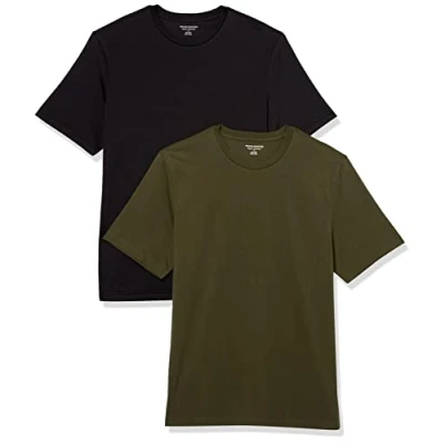 Image de Amazon Essentials Lot de 2 t shirts à manches courtes et col rond, pour homme, coupe classique, noir/olive, taille XS