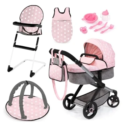 Afbeelding van XEO poppenwagenset, met tas, kinderstoel, slaapzak, speelboog, poppenaccessoires, in roze/grijs