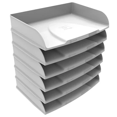 Afbeelding van Exacompta Réf. 10513D Lot de 6 corbeilles à courrier horizontales Combo Styli Autentik pour documents format paysage porte étiquette inclus superposable dim 25,5x36,5x6,5 cm blanc