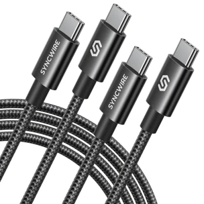 Afbeelding van SYNCWIRE 2 stuks 1,8 m USB C kabel, 60 W, 3 A, naar C, snellaadkabel nylon gevlochten voor iPhone 15/15 Pro/15 Plus/15 Pro Max, MacBook Pro, Samsung Galaxy zwart