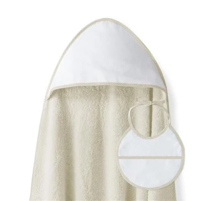 Afbeelding van Babybadponcho 1 x m badjas met capuchon PUNTO DE CRUZ LISO Beige en slabbetje voor pasgeborenen 100% katoen