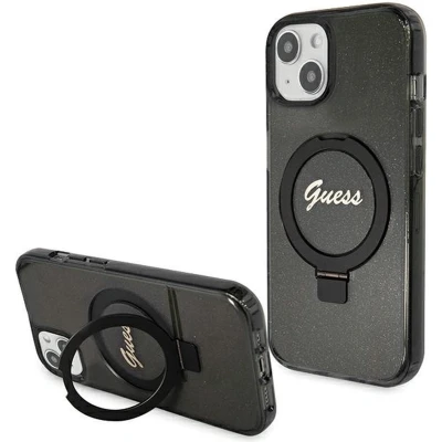 Afbeelding van Guess Ring Stand Script Glitter Back Cover hoesje met MagSafe voor Apple iPhone 14 Zwart