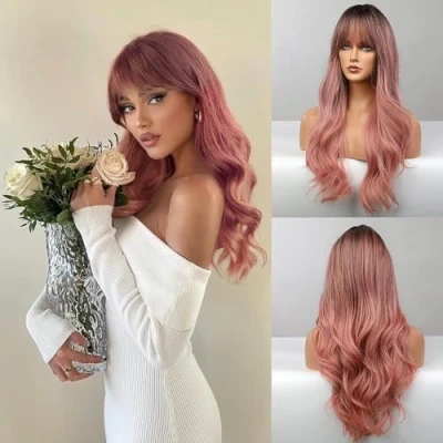 Afbeelding van Honygebia roze pruiken met pony lange ombre voor vrouwen, licht, hittebestendig, glad haar, natuurlijke synthetische Halloween, Kerstmis, cosplay