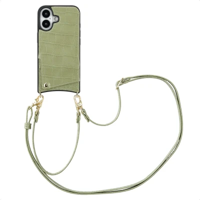 Afbeelding van Selencia Hoesje Geschikt voor iPhone 16 met Pasjeshouder Nova Croco Backcover koord en pashouder Groen