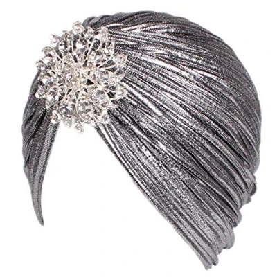 Afbeelding van EORUBE Vintage tulband met kristallen Broche en veren voor Gatsby kostuum uit de jaren 20, stijl 1 zilver