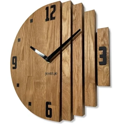 Afbeelding van FLEXISTYLE Asymmetrische wandklok van eikenhout Voor badkamer en woonkamer Diameter zonder tikkend geluid Houtlook (eiken, 30 cm)