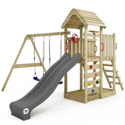 Afbeelding van WICKEY MultiFlyer speelplaats met houten dak en schommel antracietglijbaan, klimtoren voor kinderen zandbak, ladder speelaccessoires de tuin.