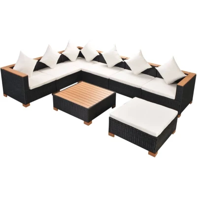 Afbeelding van 8 delige Loungeset met kussens poly rattan zwart