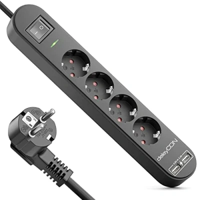 Afbeelding van deleyCON 5 m stekkerdoos met 4 vakken USB, x geaarde stopcontacten, 2 USB A oplaadaansluiting, bijv. mobiele telefoon en tablet, overspanningsbeveiliging, aan/uit knop, zwart